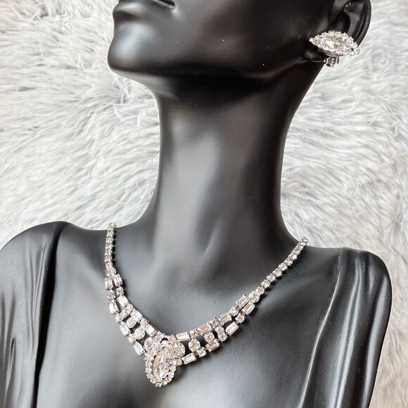 Vintage Signed Sherman Necklace Earring Set Clear Rhinestone Clip on Swarovski - Picture 1 of 11